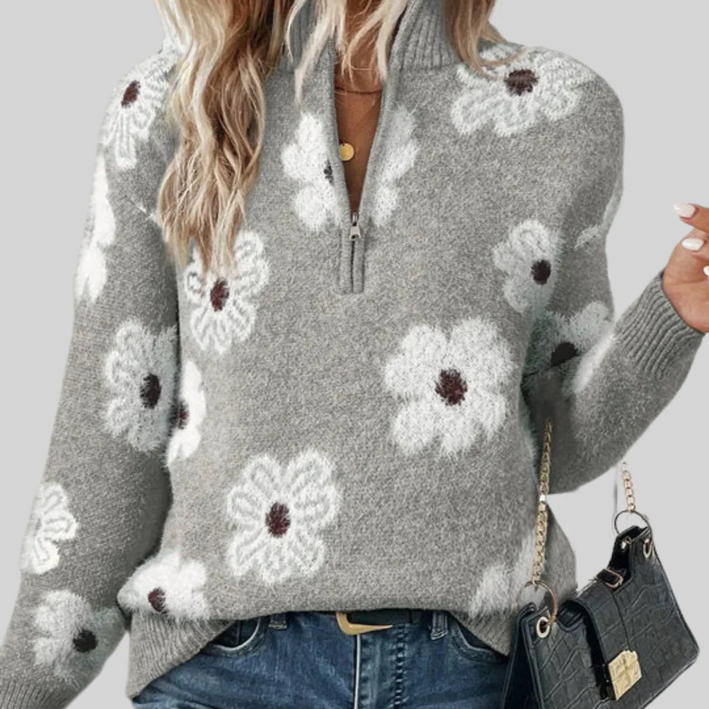 Women's Jumper | Daisy Floral Pattern, Collared Half-Zip, Relaxed Fit 1