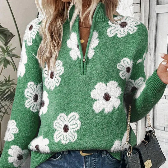 Women's Jumper | Daisy Floral Pattern, Collared Half-Zip, Relaxed Fit 2
