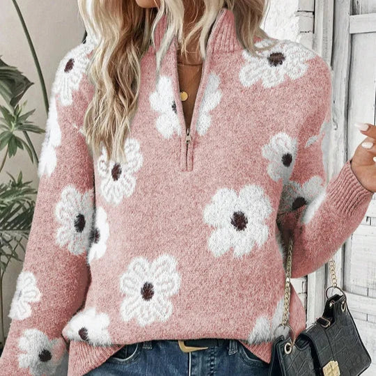 Women's Jumper | Daisy Floral Pattern, Collared Half-Zip, Relaxed Fit 6