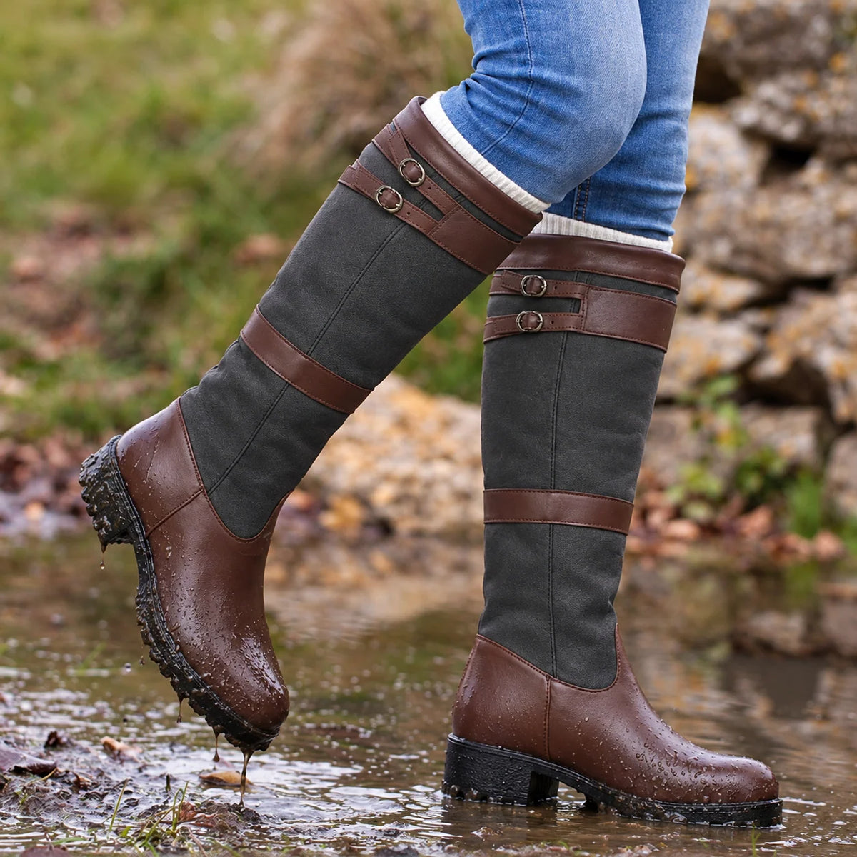 Women's Knee-High Outdoor Boots | Waterproof, Buckle Detail, Treaded Sole 1