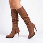 Women's Knee High Boots | Brown Vegan Leather, Chunky Stiletto Heel 2