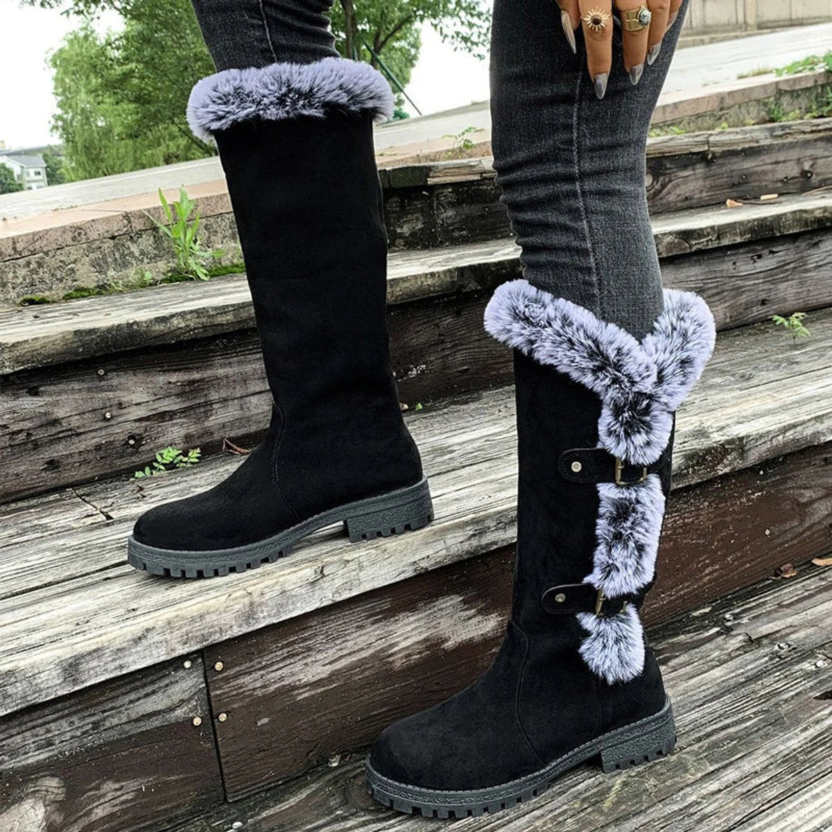 Women's Knee High Boots | Faux Suede, Plush Lining, Buckle Detail 8