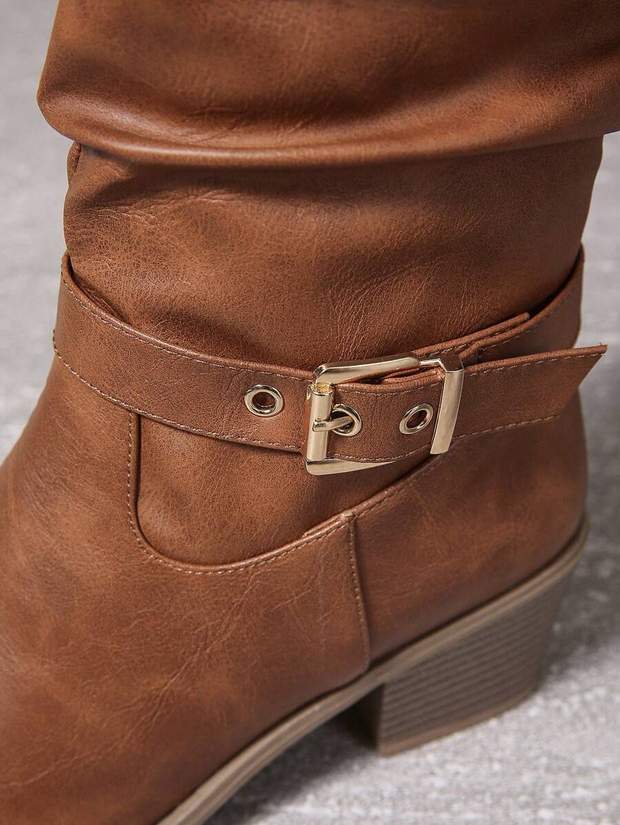 Women's Knee High Boots | Vegan Leather, Double Buckle, Block Heel 3