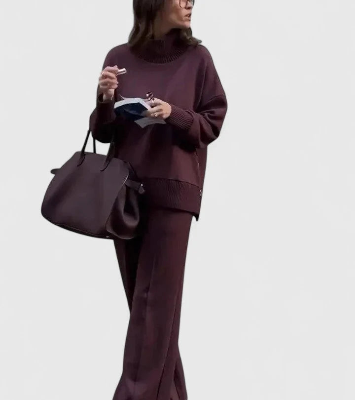 Women’s Knit Co-Ord Set | High-Neck Side Zip Sweater with Elastic Waist Pants 1