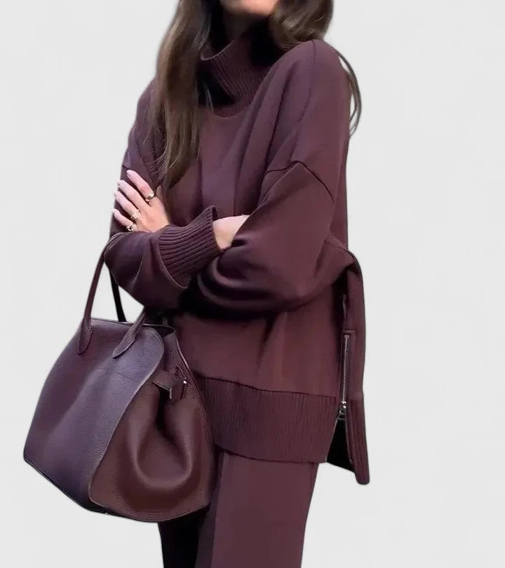 Women’s Knit Co-Ord Set | High-Neck Side Zip Sweater with Elastic Waist Pants 4