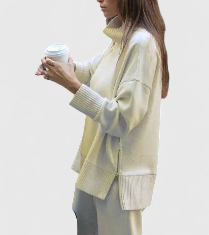 Women’s Knit Co-Ord Set | High-Neck Side Zip Sweater with Elastic Waist Pants 6
