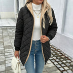 Women's Long Puffer Coat | Diamond Quilted, Fleece-Lined Hood, Mid-Thigh Length 0