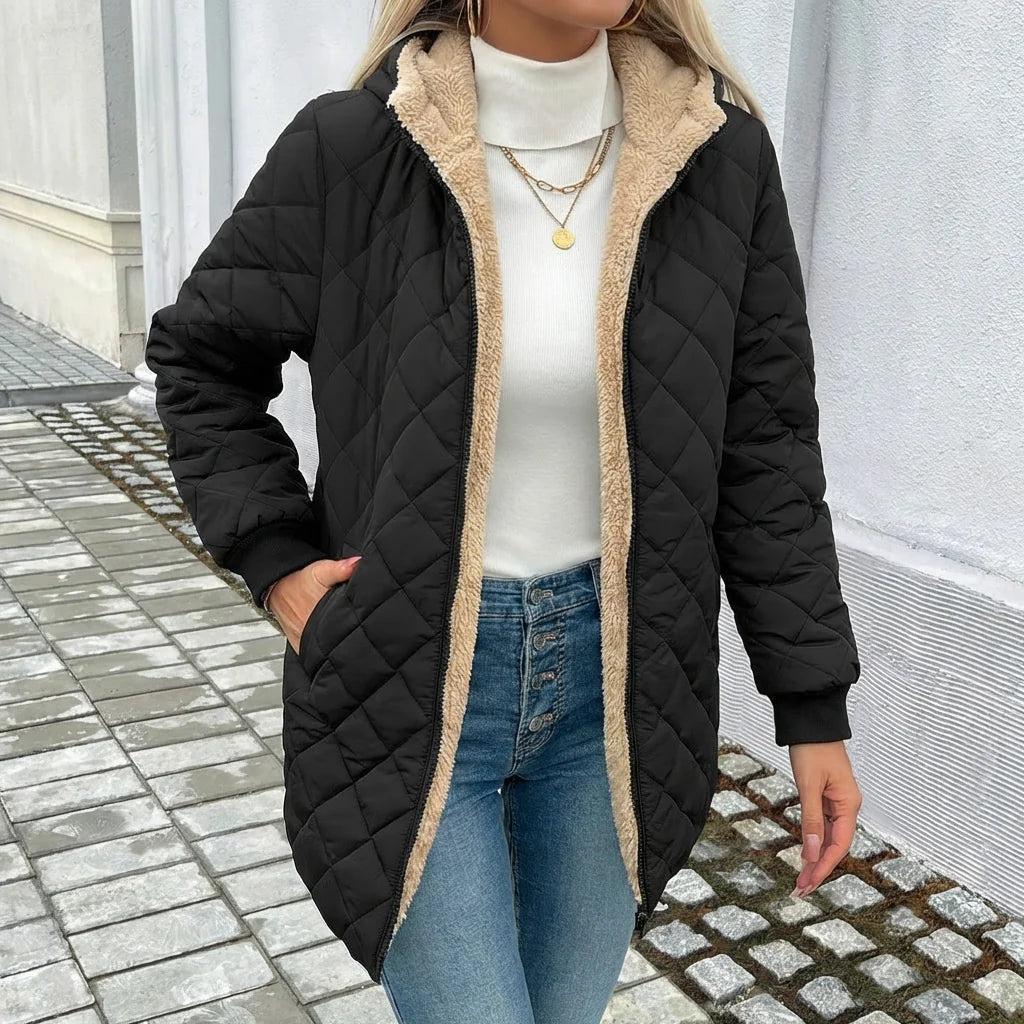 Women's Long Puffer Coat | Diamond Quilted, Fleece-Lined Hood, Mid-Thigh Length 1