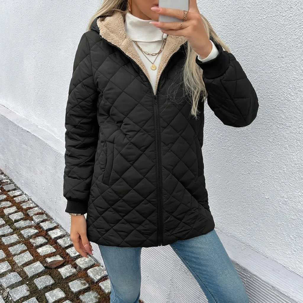 Women's Long Puffer Coat | Diamond Quilted, Fleece-Lined Hood, Mid-Thigh Length 2
