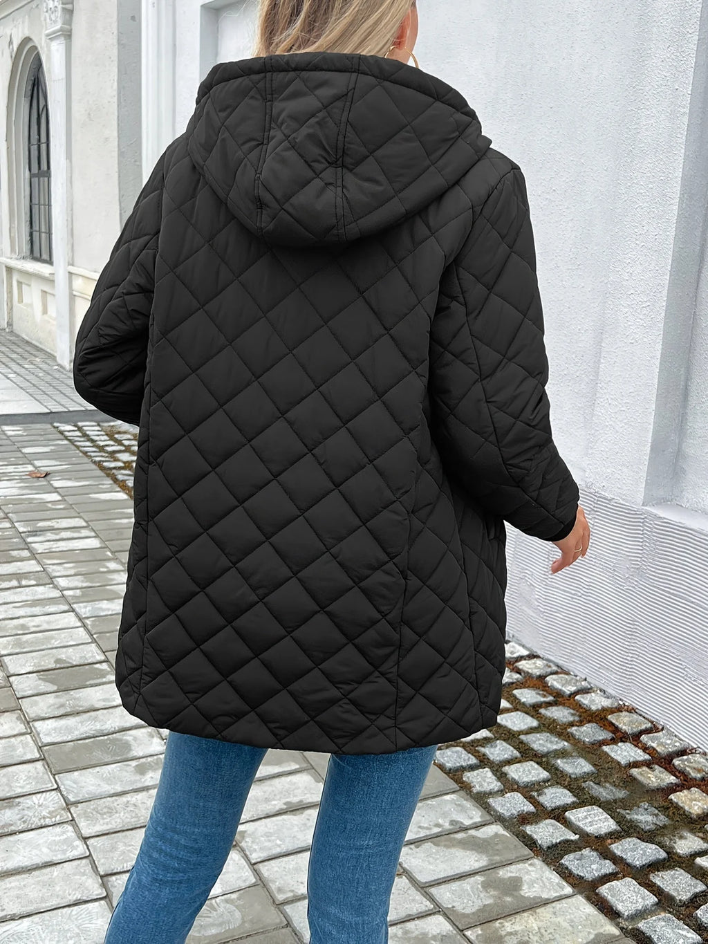 Women's Long Puffer Coat | Diamond Quilted, Fleece-Lined Hood, Mid-Thigh Length 4