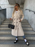 Women's Long Wool Blend Coat | Lapel Collar, Split Hem, Button Front 0