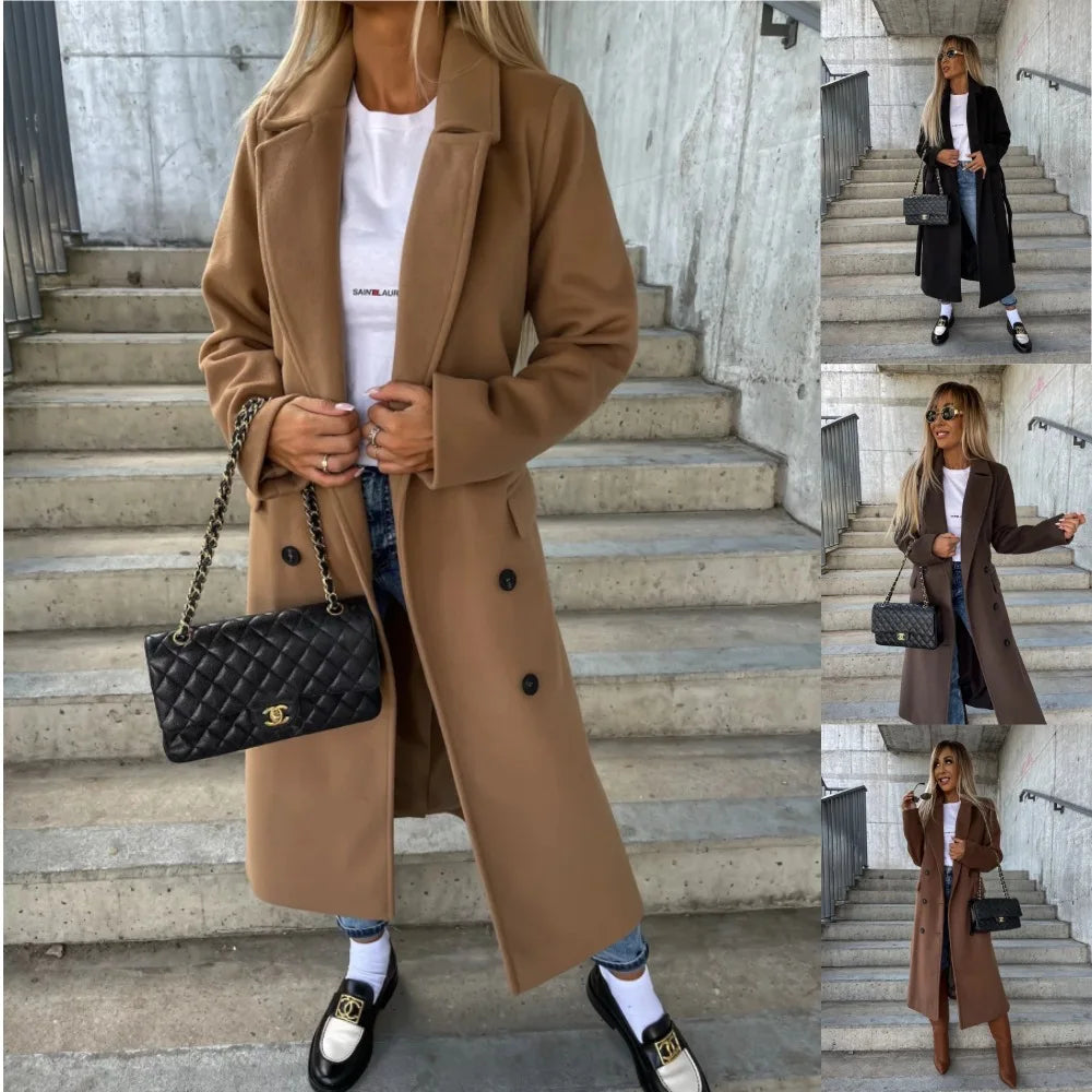 Women's Long Wool Blend Coat | Lapel Collar, Split Hem, Button Front 1