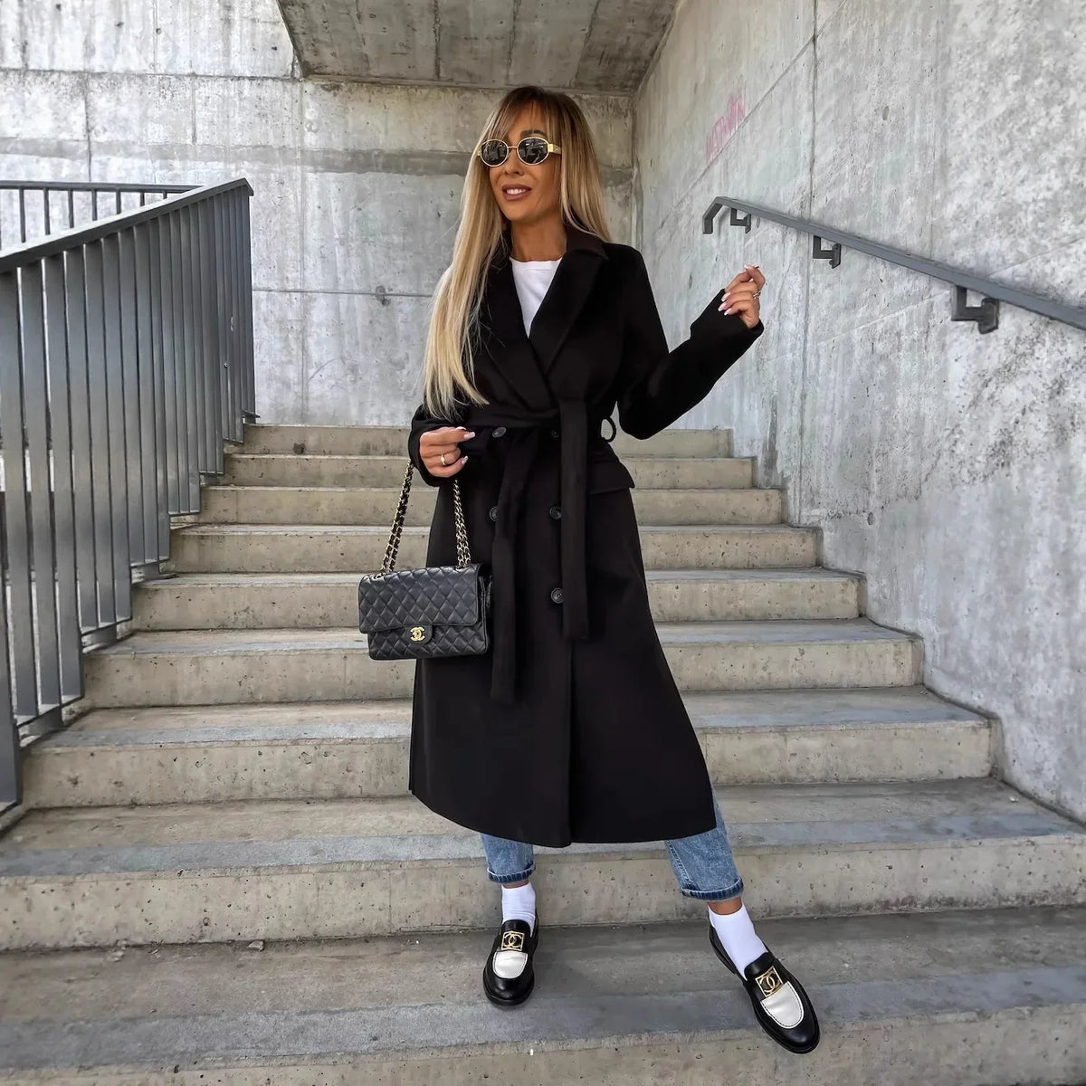 Women's Long Wool Blend Coat | Lapel Collar, Split Hem, Button Front 4