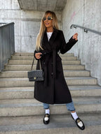 Women's Long Wool Blend Coat | Lapel Collar, Split Hem, Button Front 6