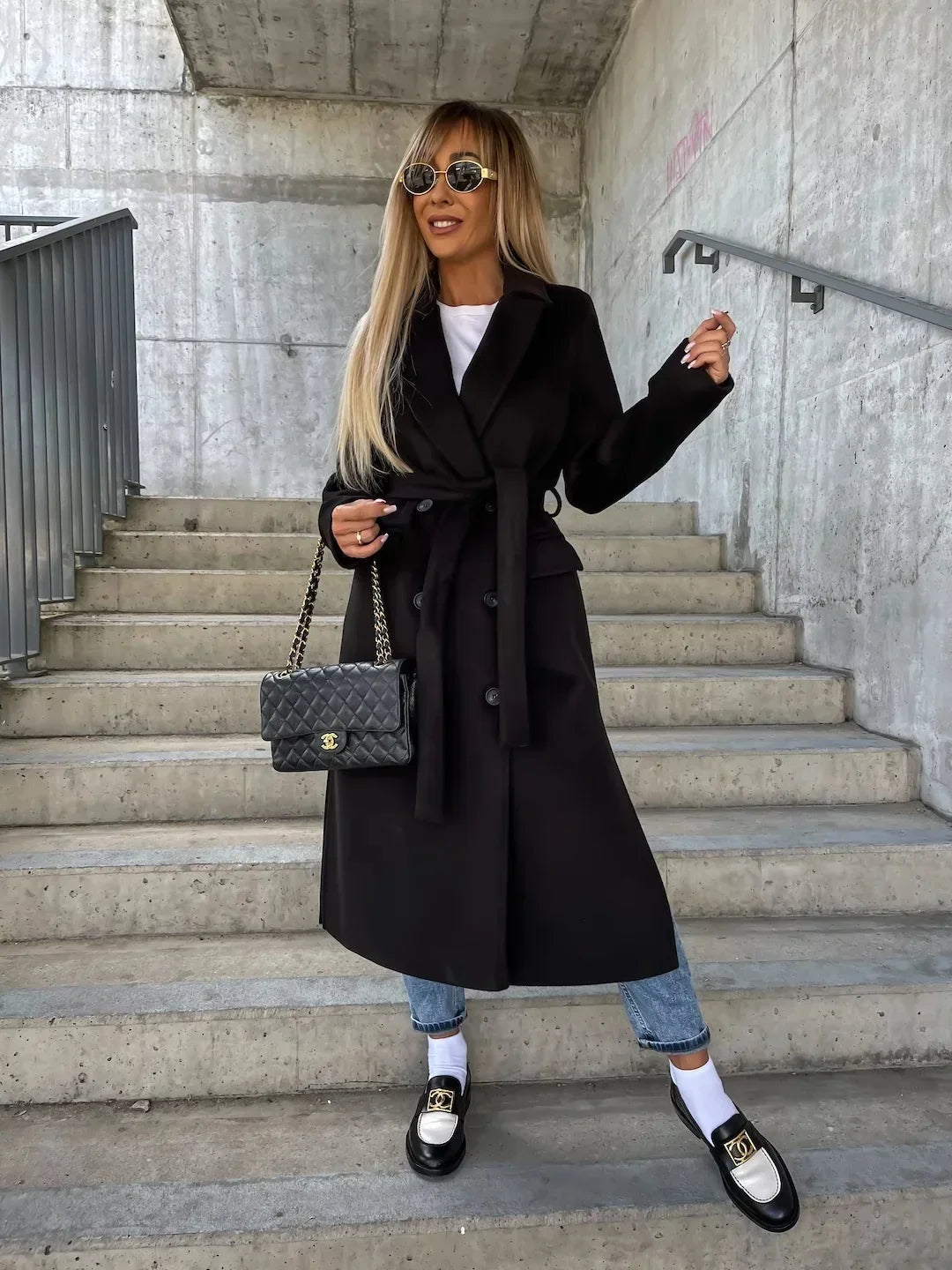Women's Long Wool Blend Coat | Lapel Collar, Split Hem, Button Front 6