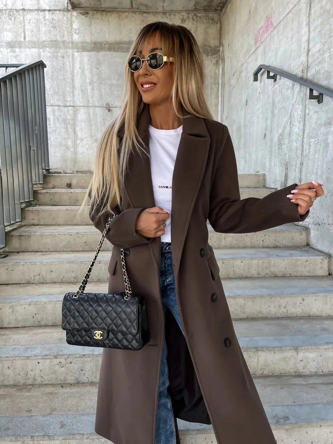 Women's Long Wool Blend Coat | Lapel Collar, Split Hem, Button Front 8
