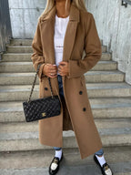 Women's Long Wool Blend Coat | Lapel Collar, Split Hem, Button Front 9