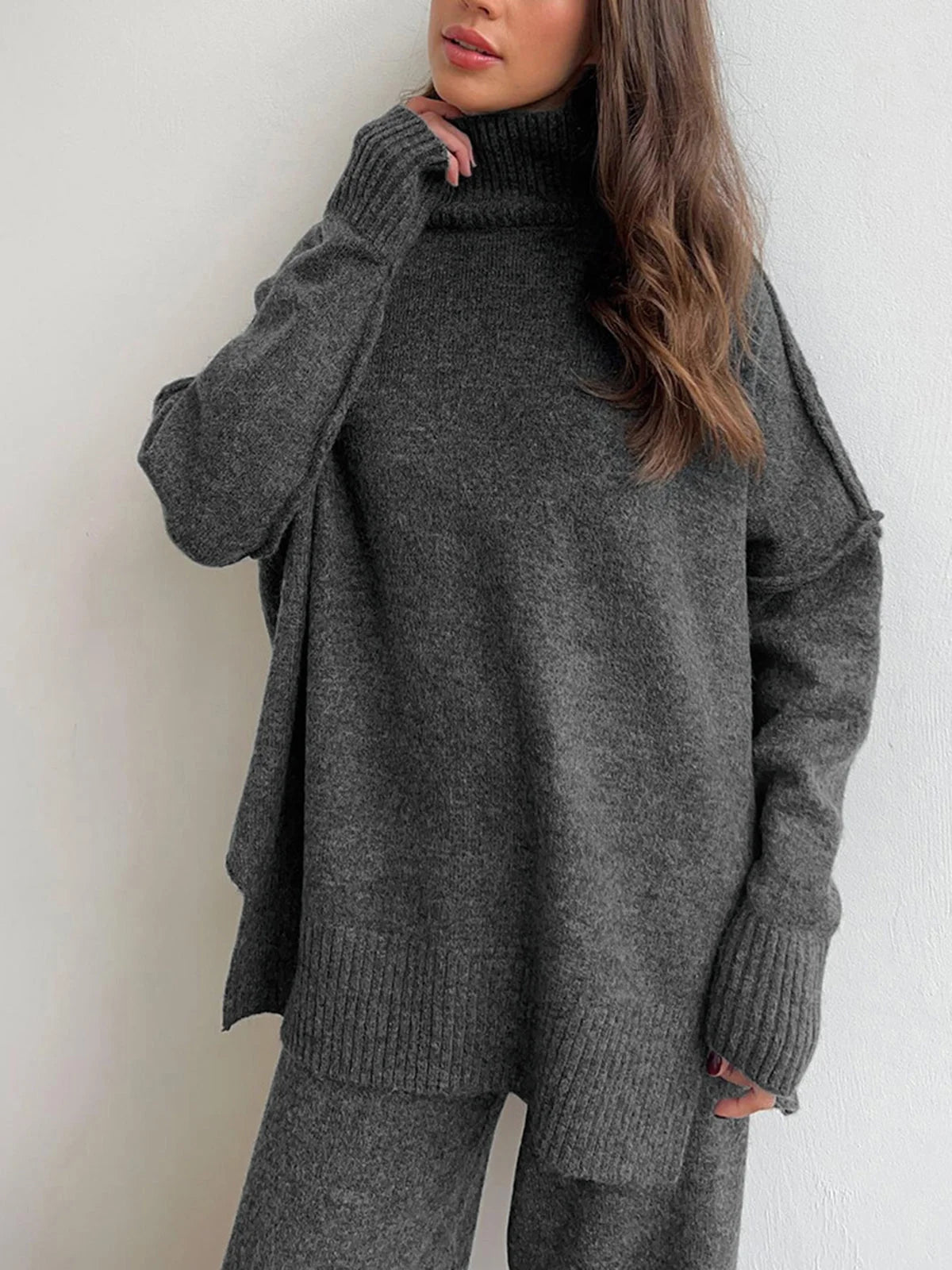Women's Loungewear Set | Soft Knit Turtleneck Sweater and Wide-Leg Pants in Camel 7