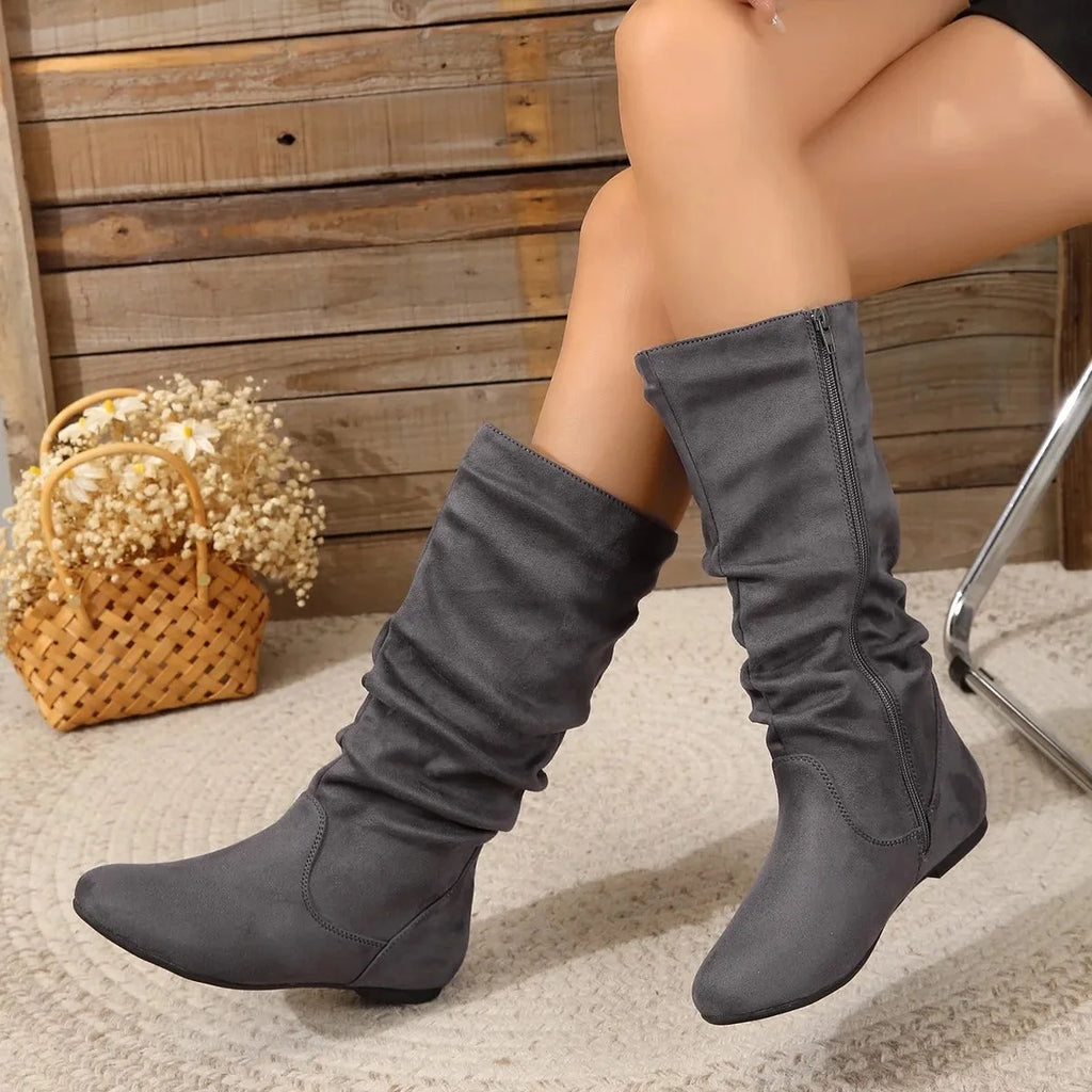 Women's Mid-Calf Slouch Boots | Suede-Look Fabric, Almond Toe, Flat Sole 0
