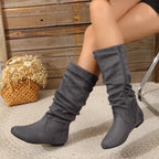 Women's Mid-Calf Slouch Boots | Suede-Look Fabric, Almond Toe, Flat Sole 0