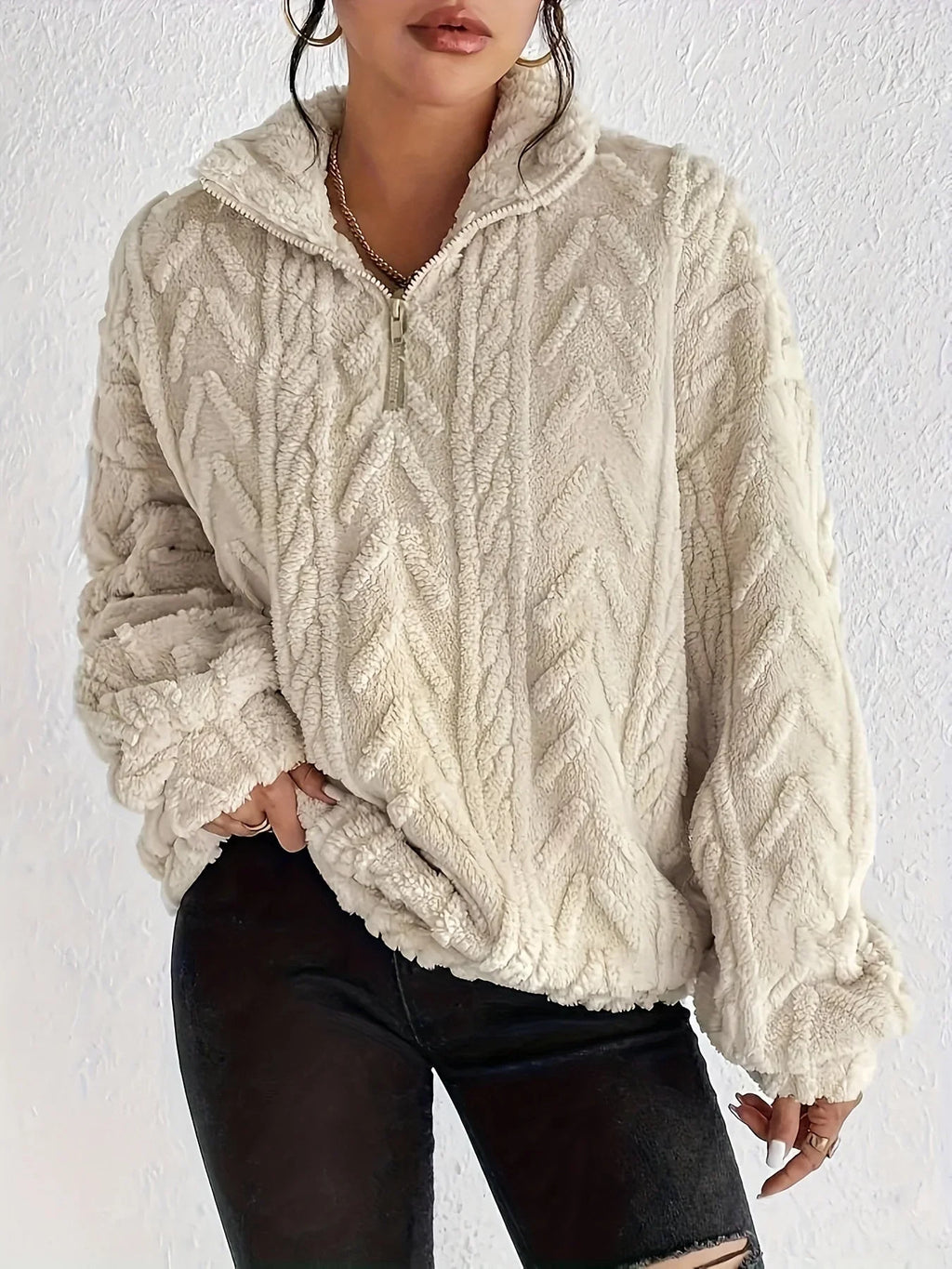 Women's Oversized Cardigan Sweater | Cable-Knit, Zip-Through Neck, Wrap Front 1