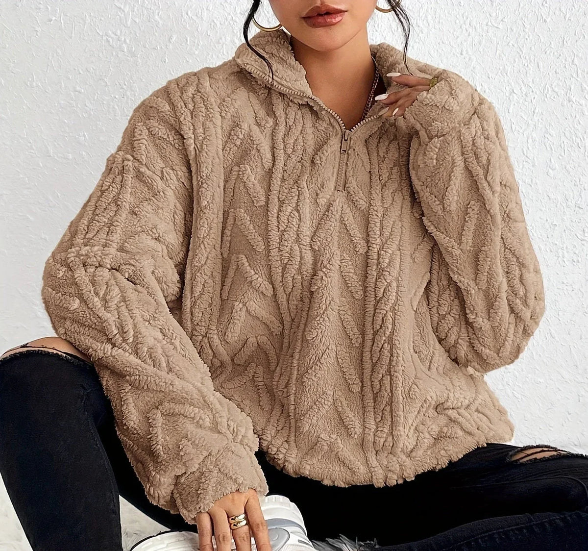 Women's Oversized Cardigan Sweater | Cable-Knit, Zip-Through Neck, Wrap Front 2