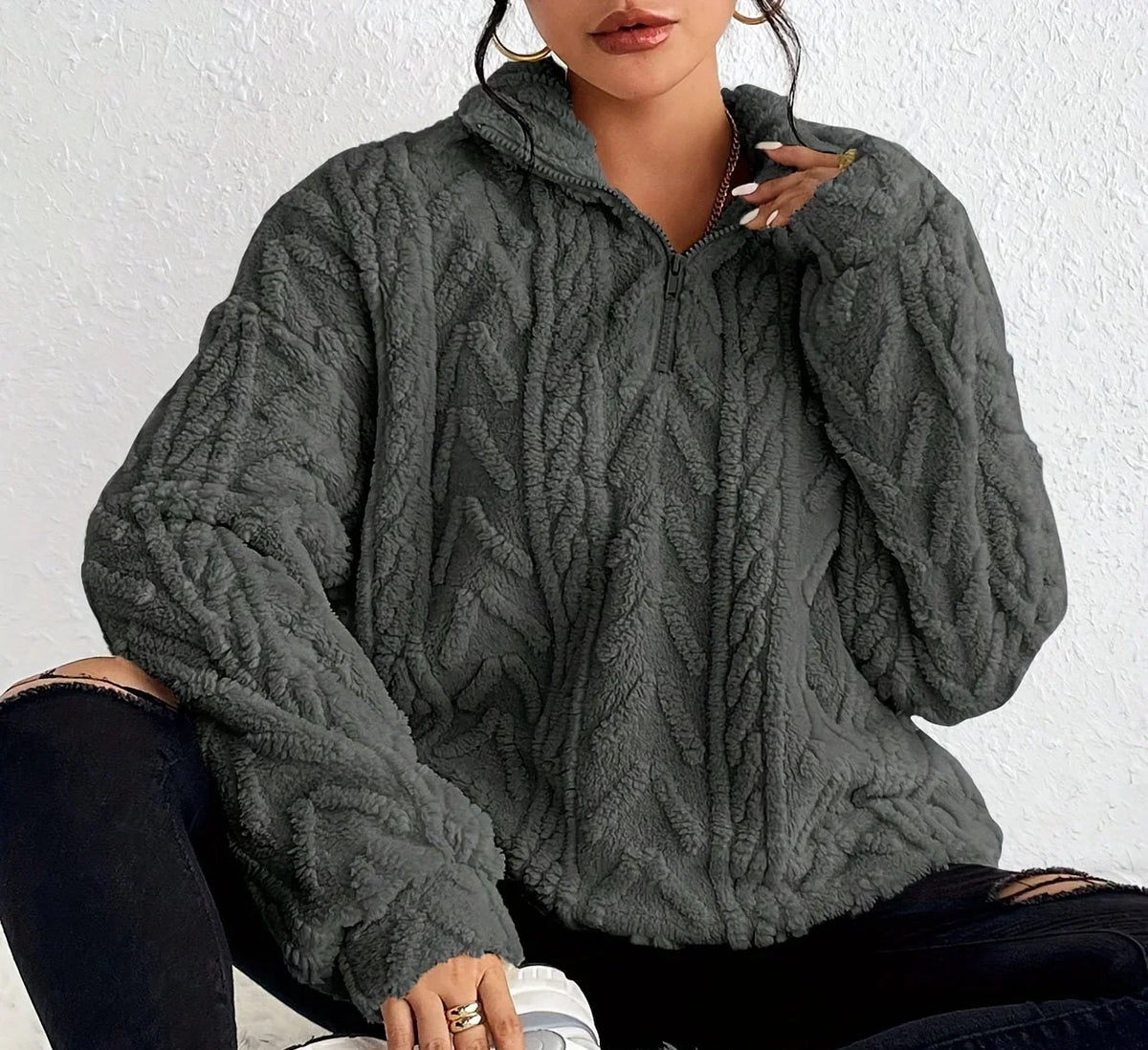 Women's Oversized Cardigan Sweater | Cable-Knit, Zip-Through Neck, Wrap Front 3