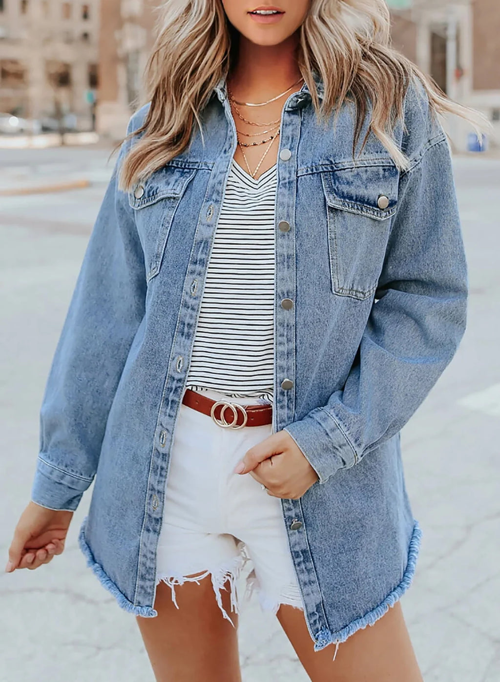 Women's Oversized Denim Jacket | Soft Washed Denim, Raw Frayed Hem 1
