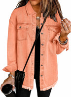 Women's Oversized Denim Jacket | Soft Washed Denim, Raw Frayed Hem 11
