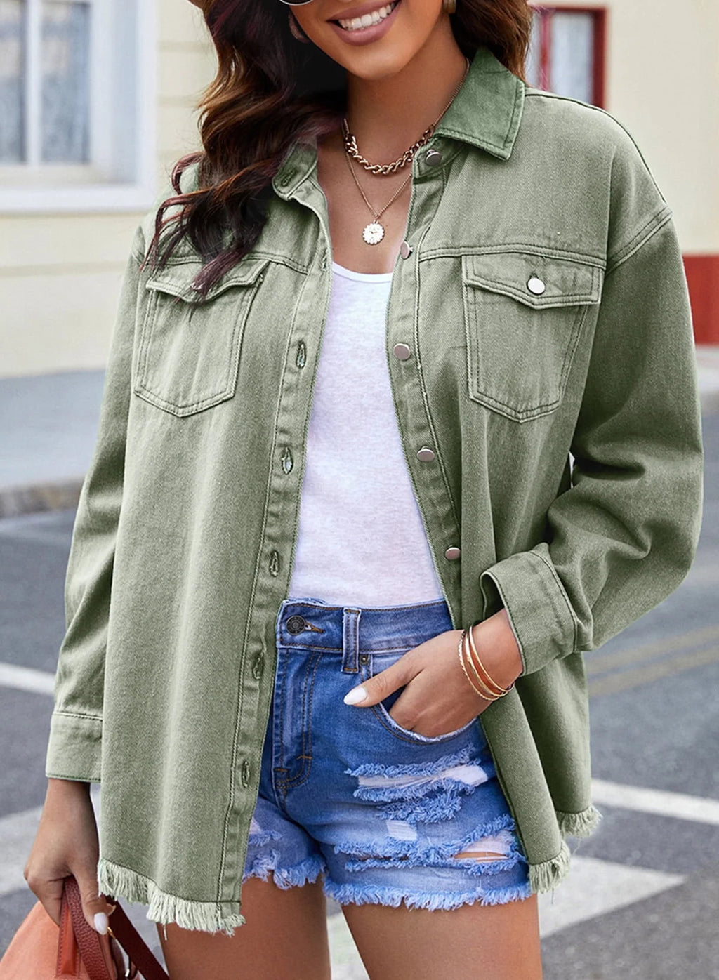 Women's Oversized Denim Jacket | Soft Washed Denim, Raw Frayed Hem 4