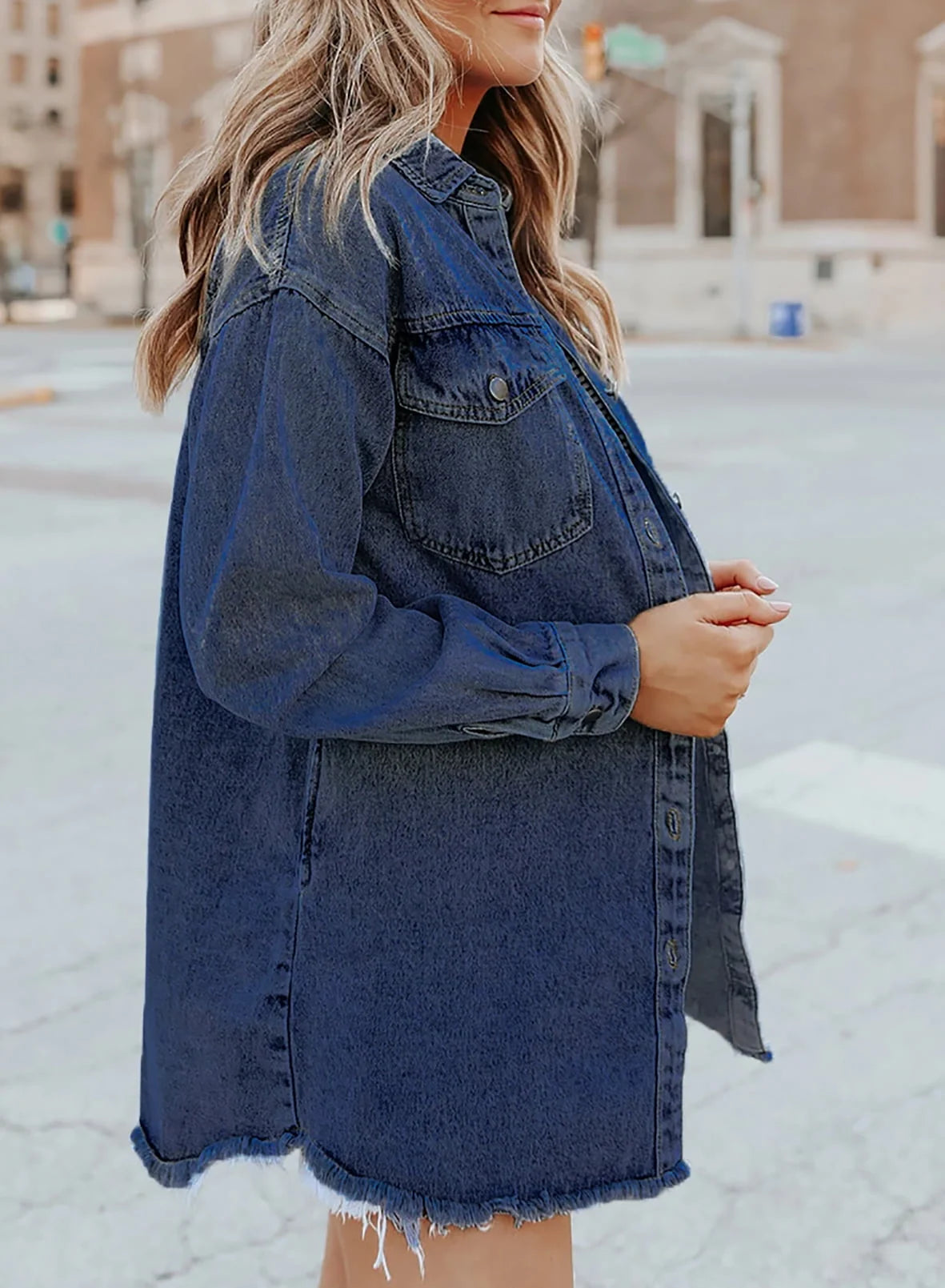 Women's Oversized Denim Jacket | Soft Washed Denim, Raw Frayed Hem 7