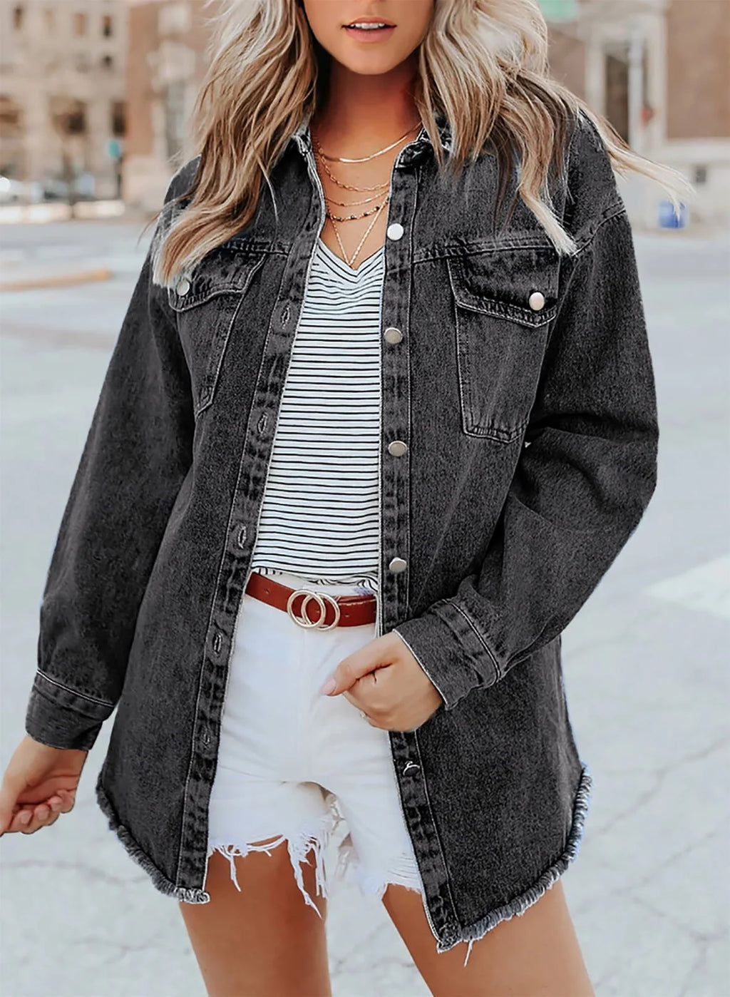 Women's Oversized Denim Jacket | Soft Washed Denim, Raw Frayed Hem 8