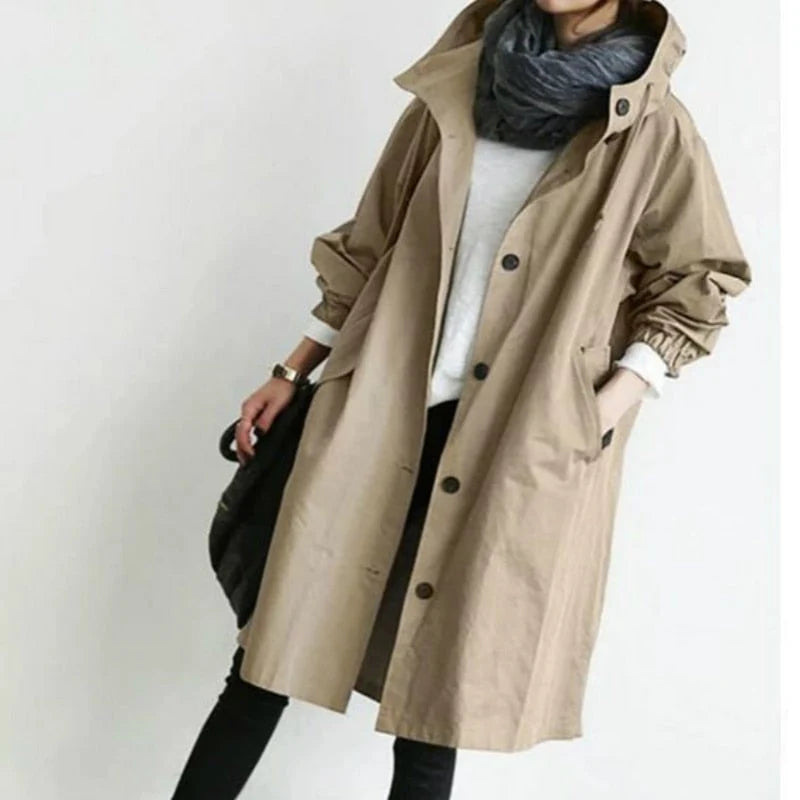 Women's Oversized Hooded Trench Coat | Lightweight, Longline, Adjustable Drawstring Collar 4