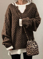 Women's Oversized Sweater | Chunky Cable Knit, Layered V-Neck, Relaxed Fit 2