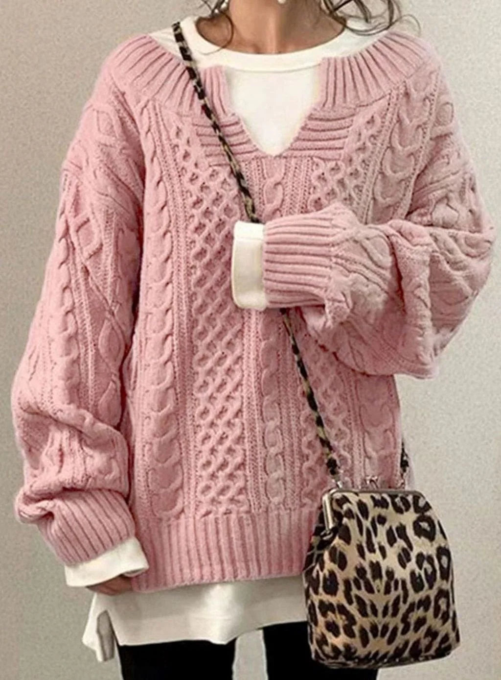 Women's Oversized Sweater | Chunky Cable Knit, Layered V-Neck, Relaxed Fit 3