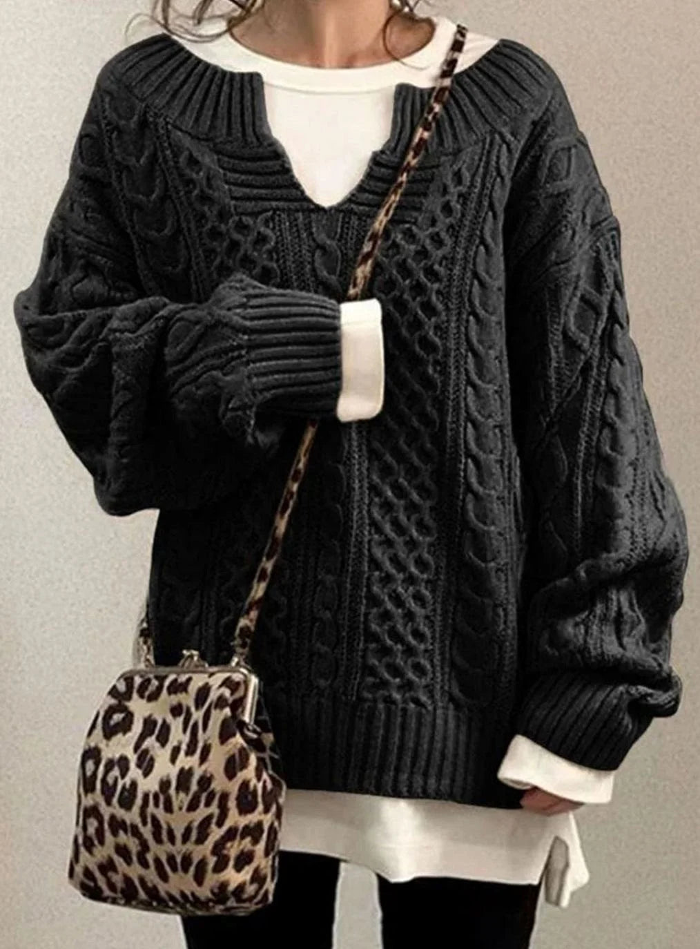 Women's Oversized Sweater | Chunky Cable Knit, Layered V-Neck, Relaxed Fit 4