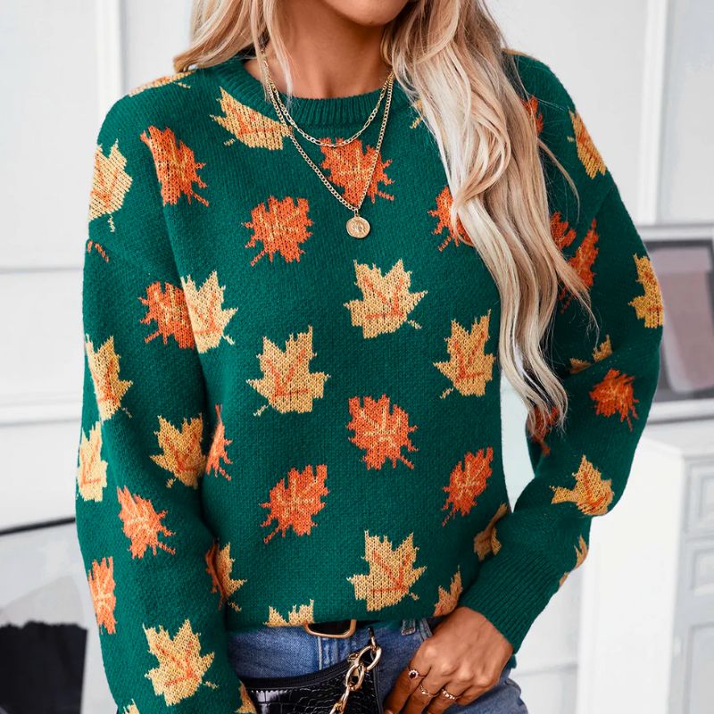 Women's Oversized Sweater | Knit, Crew Neck, Maple Leaf Pattern, Long Sleeves 0