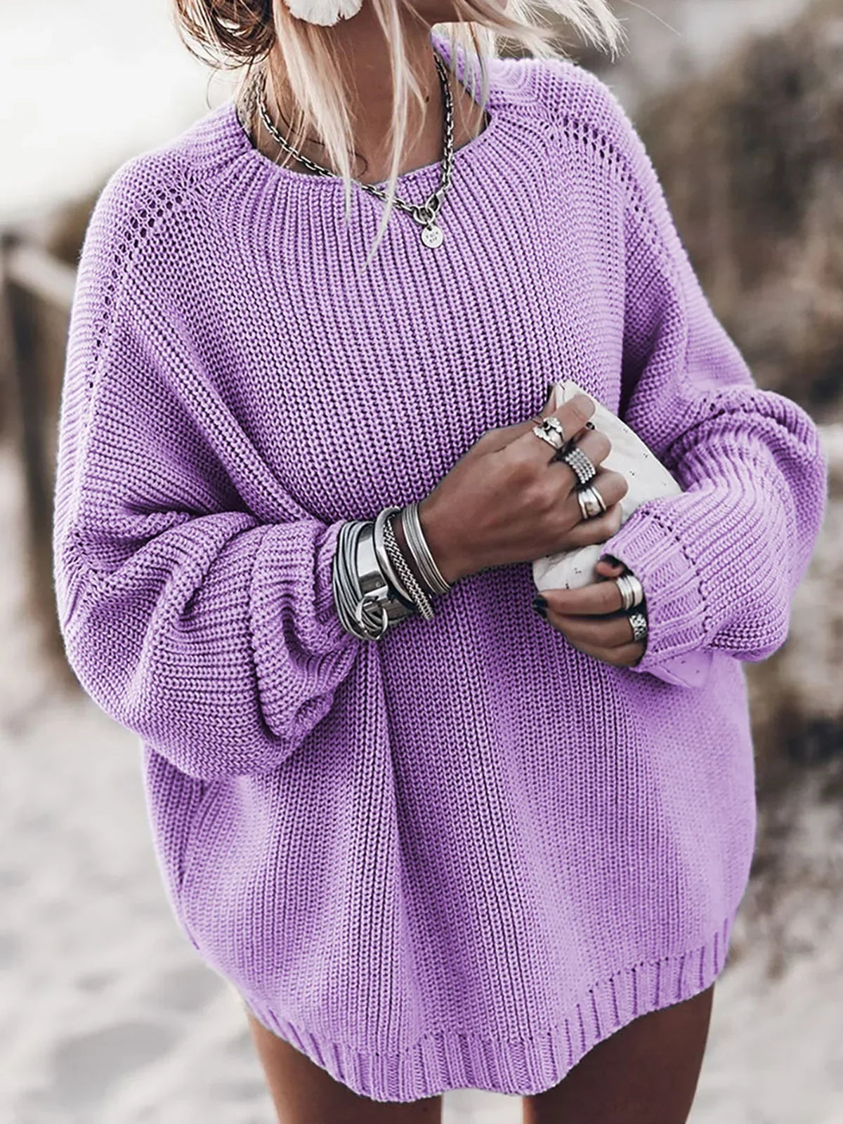 Women's Oversized Sweater | Ribbed Knit, Balloon Sleeves, Crewneck 4