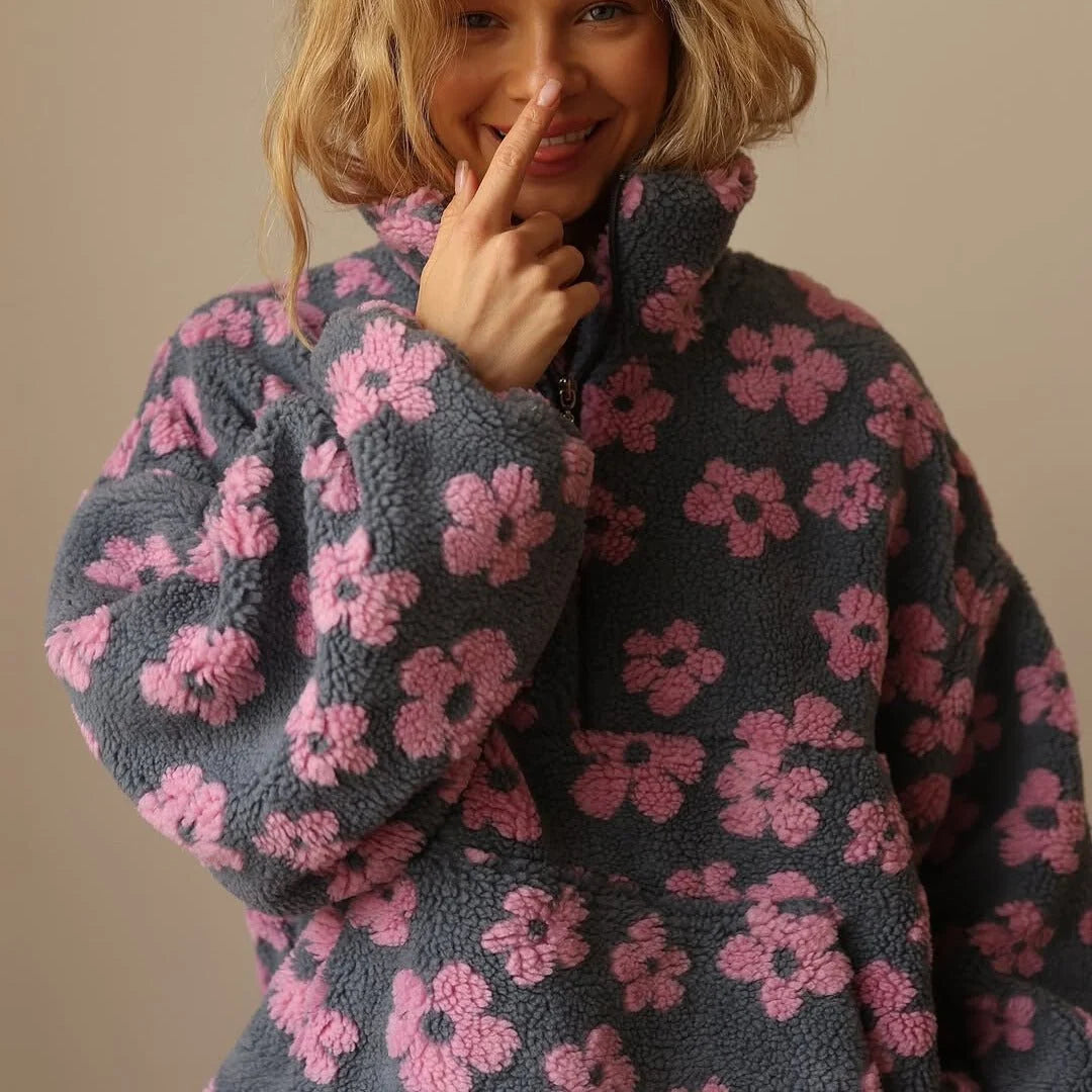 Women's Oversized Teddy Fleece Jacket | Floral Print, Half Zip, Hip Length 3