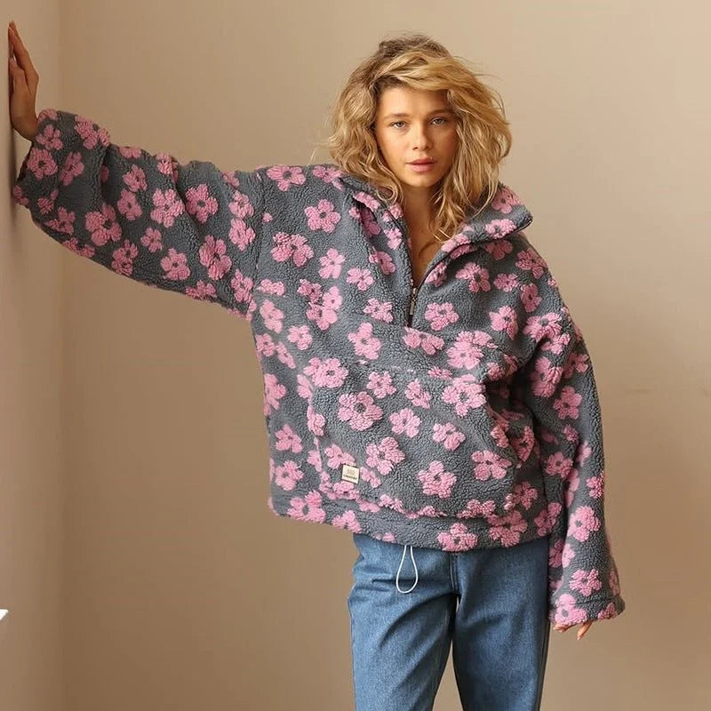 Women's Oversized Teddy Fleece Jacket | Floral Print, Half Zip, Hip Length 4