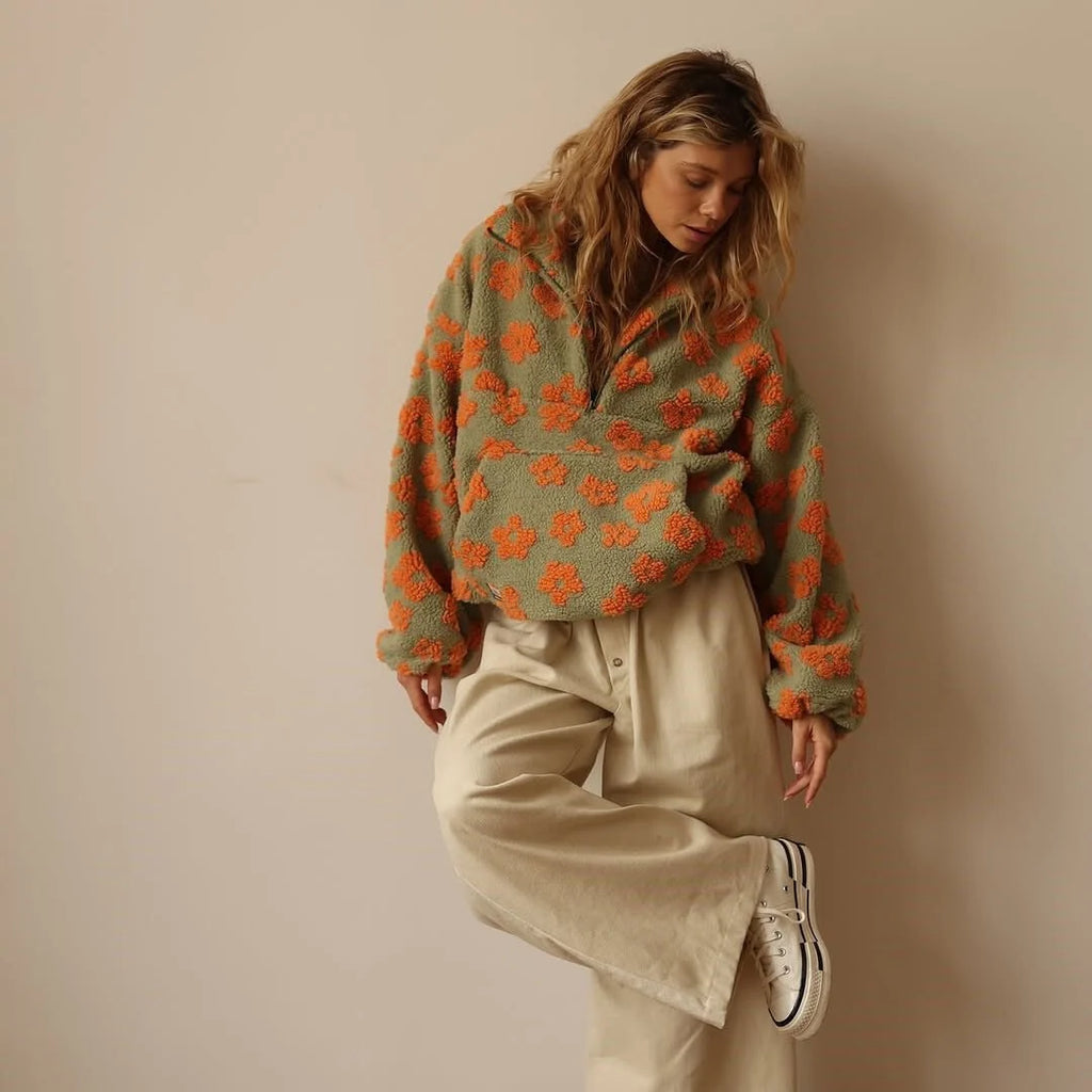 Women's Oversized Teddy Fleece Jacket | Floral Print, Half Zip, Hip Length 7