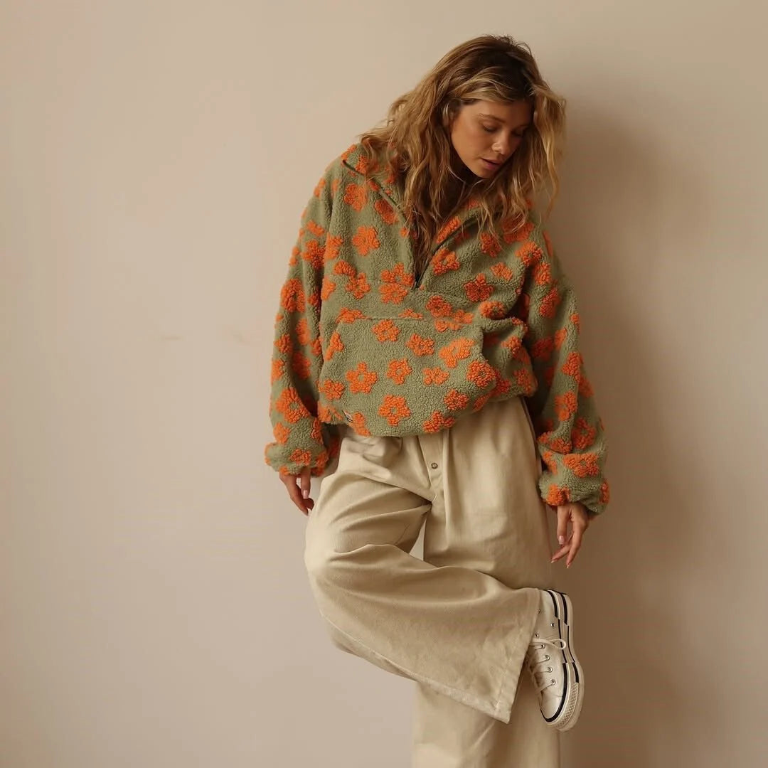 Women's Oversized Teddy Fleece Jacket | Floral Print, Half Zip, Hip Length 7