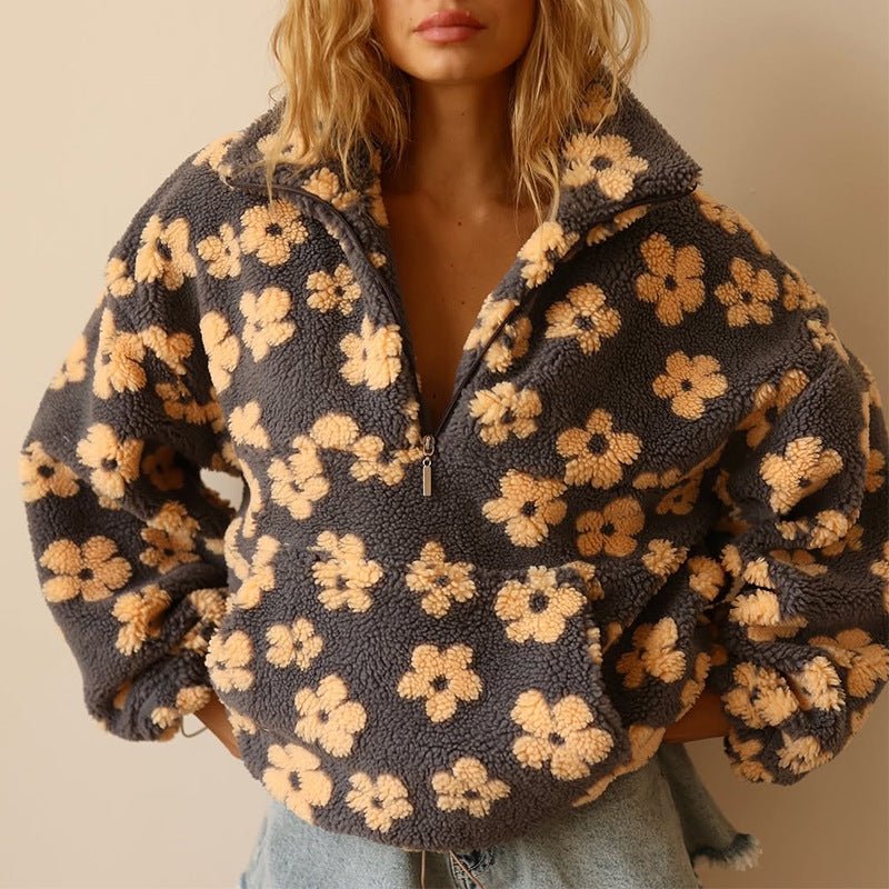 Women's Oversized Teddy Fleece Jacket | Floral Print, Relaxed Fit, Half Zip 0