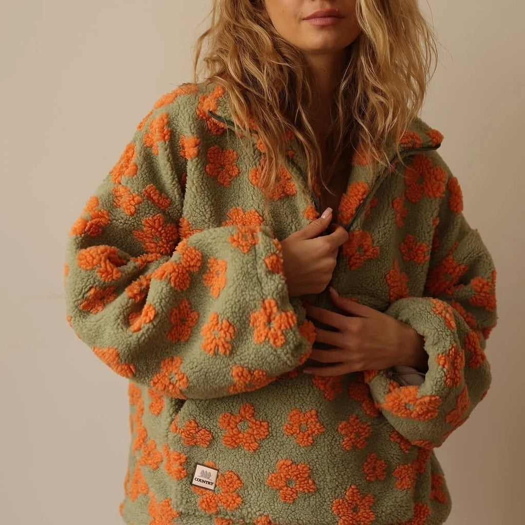 Women's Oversized Teddy Fleece Jacket | Floral Print, Relaxed Fit, Half Zip 5