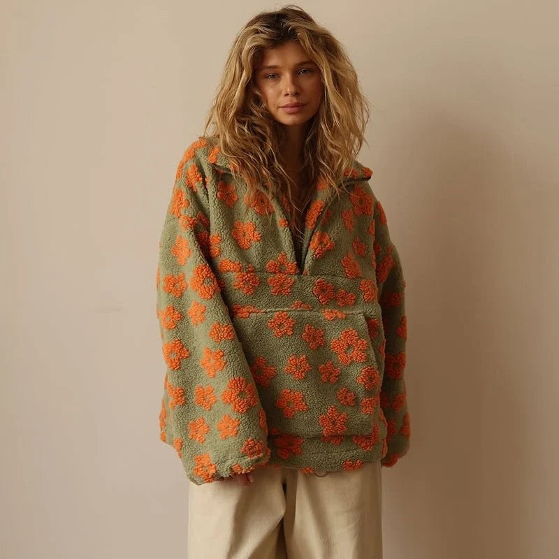 Women's Oversized Teddy Fleece Jacket | Floral Print, Relaxed Fit, Half Zip 6