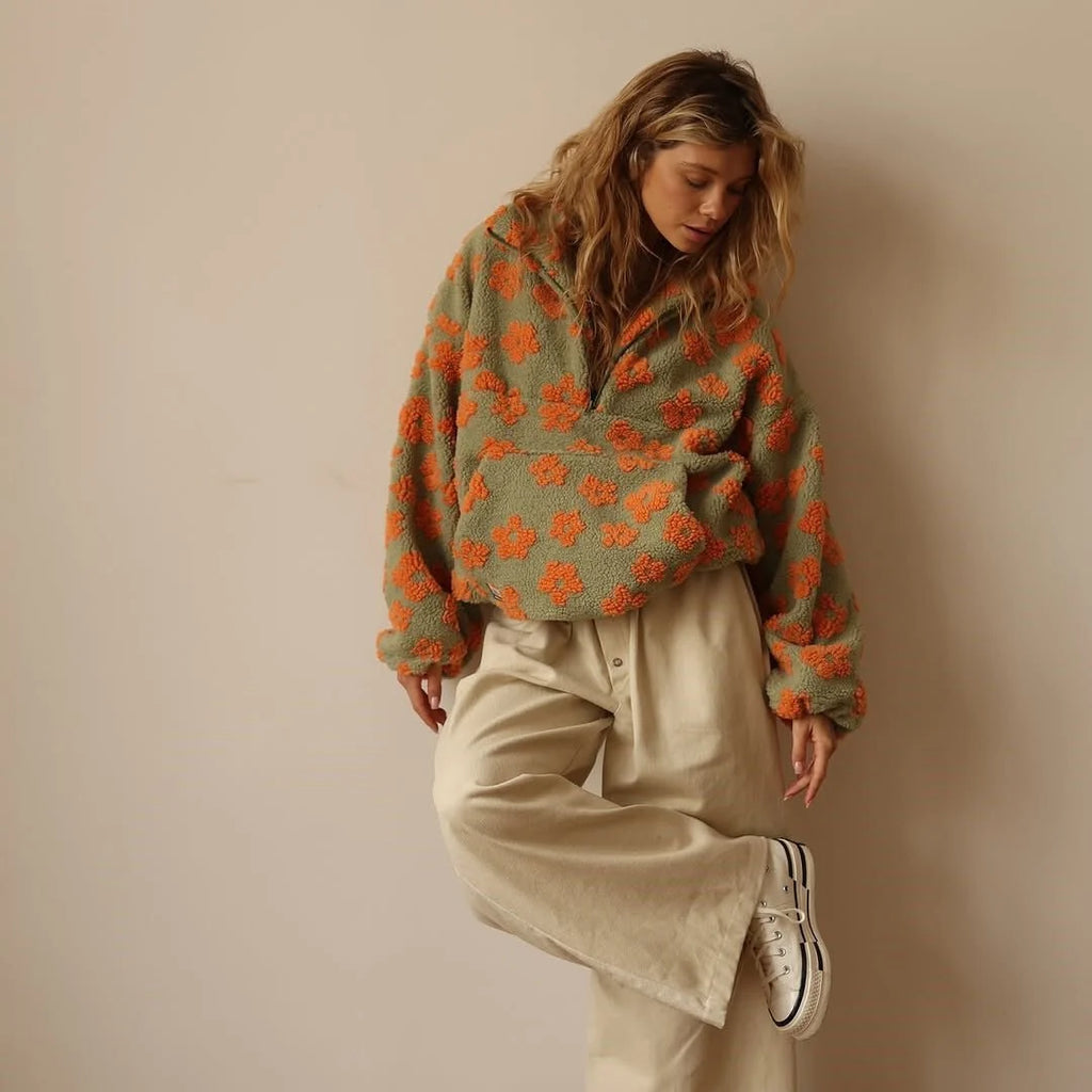 Women's Oversized Teddy Fleece Jacket | Floral Print, Relaxed Fit, Half Zip 7