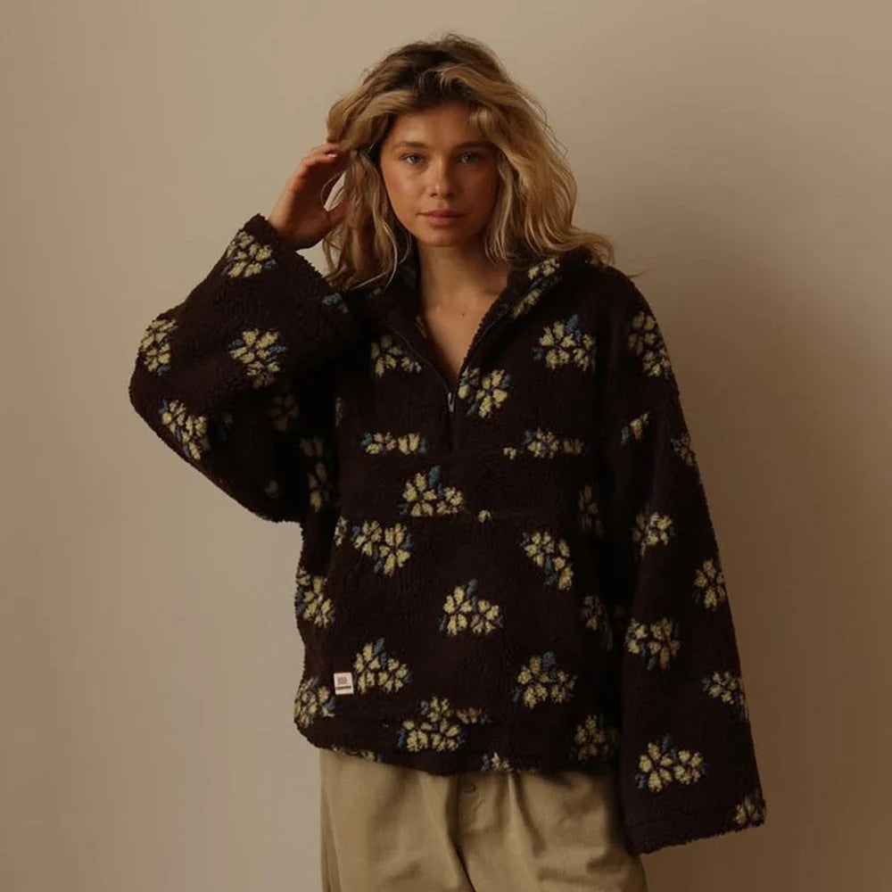 Women's Oversized Teddy Fleece Jacket | Floral Print, Relaxed Fit, Half Zip 8