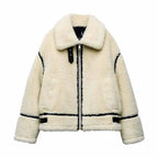 Women's Oversized Teddy Jacket | Plush Texture, High Stand Collar, Contrast Trim 0