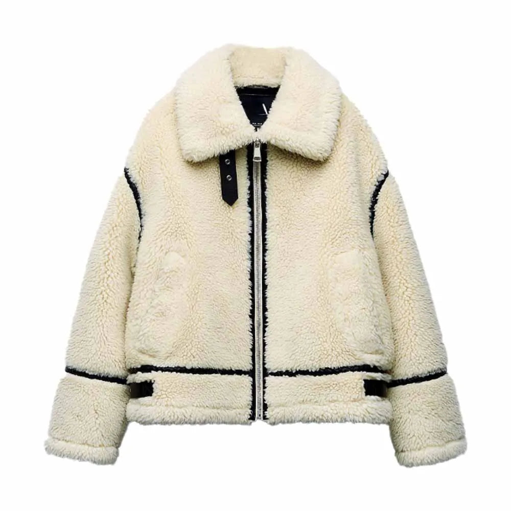 Women's Oversized Teddy Jacket | Plush Texture, High Stand Collar, Contrast Trim 0