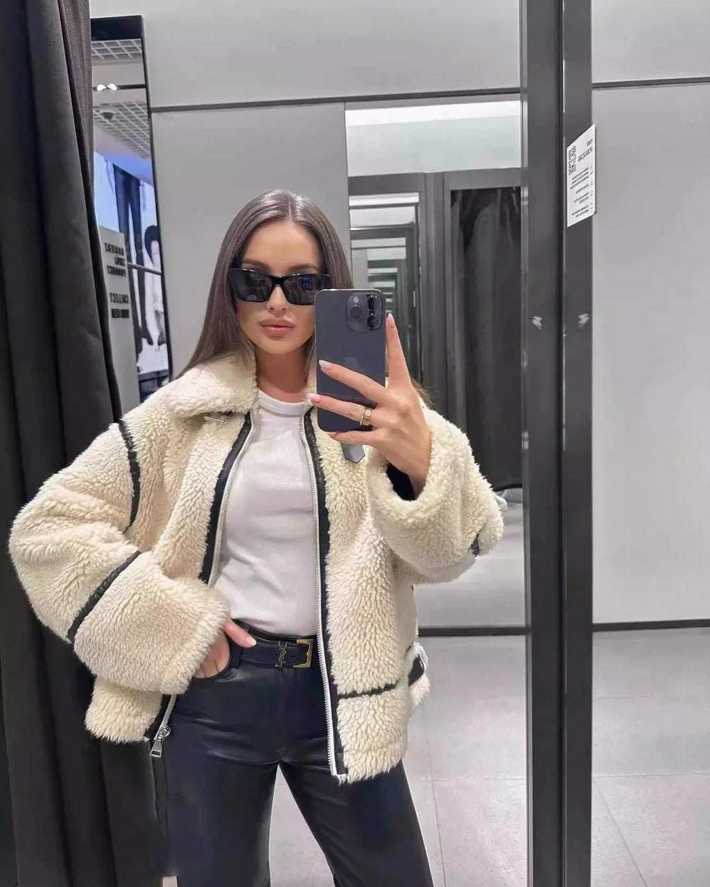 Women's Oversized Teddy Jacket | Plush Texture, High Stand Collar, Contrast Trim 2